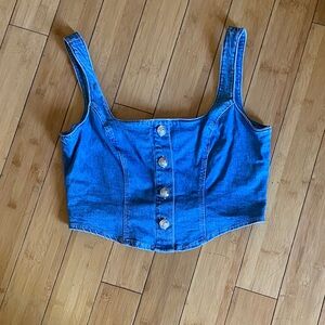 L'AGENCE Blue Denim Crop Button Tank